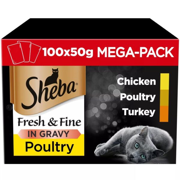 100 x 50g Sheba Fresh and Fine Adult Wet Cat Food Pouches Mixed Poultry in Gravy