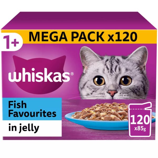 120 x 85g Whiskas 1+ Fish Favourites Mixed Adult Wet Cat Food Pouches in Jelly