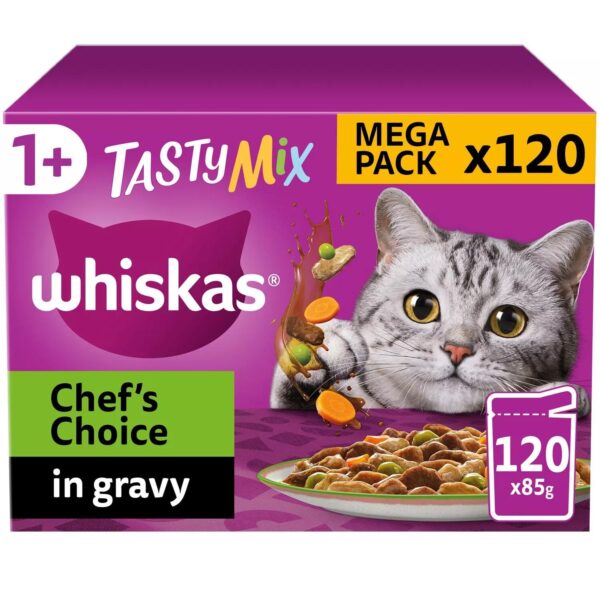 120 x 85g Whiskas 1+ Chef's Choice Mix Mixed Adult Wet Cat Food Pouches in Gravy