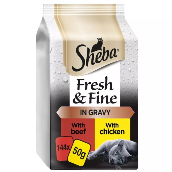 144 x 50g Sheba Fresh and Fine Adult Wet Cat Food Pouches Beef and Chicken in Gravy