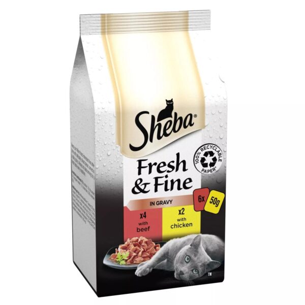 144 x 50g Sheba Fresh and Fine Adult Wet Cat Food Pouches Beef and Chicken in Gravy - Image 3