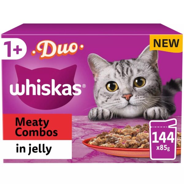 144 x 85g Whiskas 1+ Duo Meaty Combos Mixed Adult Wet Cat Food Pouches in Jelly