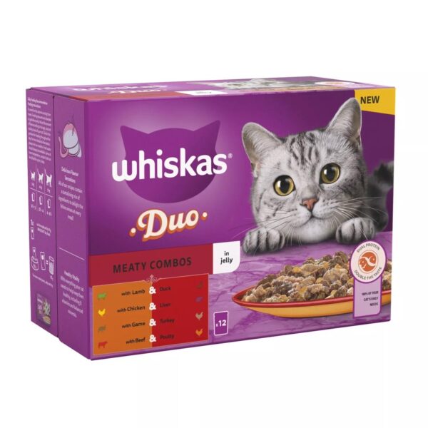 144 x 85g Whiskas 1+ Duo Meaty Combos Mixed Adult Wet Cat Food Pouches in Jelly - Image 3