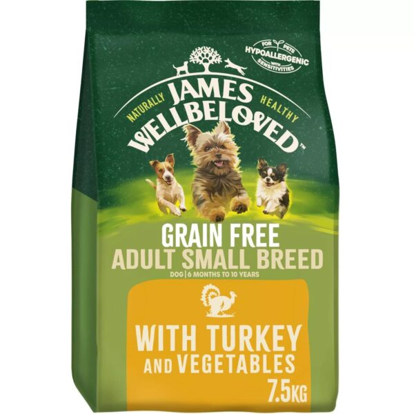 7.5kg James Wellbeloved Grain Free Small Breed Adult Dry Dog Food Turkey and Veg