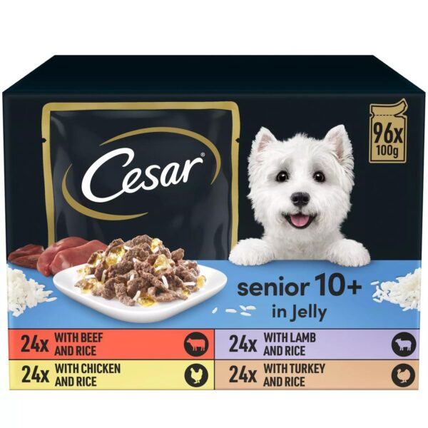 96 x 100g Cesar Luxury Senior 10+ Wet Dog Food Pouches Mixed Selection in Jelly