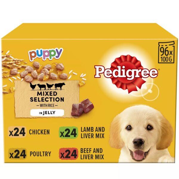 96 x 100g Pedigree Puppy Junior Wet Dog Food Pouches Mixed Selection In Jelly