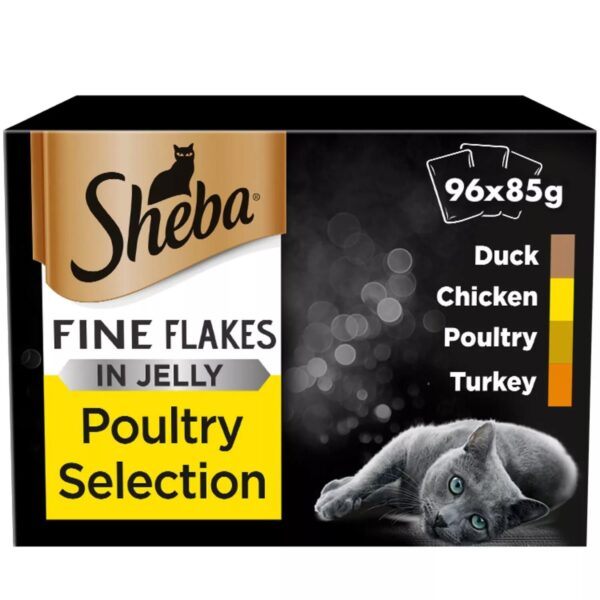 96 x 85g Sheba Fine Flakes Adult Wet Cat Food Pouches Mixed Poultry in Jelly