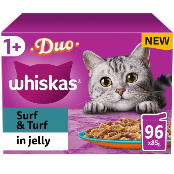 96 x 85g Whiskas 1+ Duo Surf and Turf Mixed Adult Wet Cat Food Pouches in Jelly