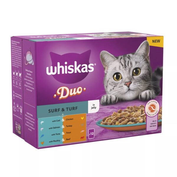 96 x 85g Whiskas 1+ Duo Surf and Turf Mixed Adult Wet Cat Food Pouches in Jelly - Image 3