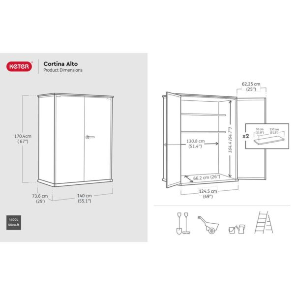 Keter Cortina Alto 4ft 6  x 2ft 4  (1.4 x 0.7m) 1,415 Litre Vertical Storage Shed with Shelves - Image 2