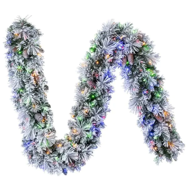 9ft (2.7m) Pre-lit Flocked Glitter Christmas Garland with 150 Colour changing LED Lights - Image 3