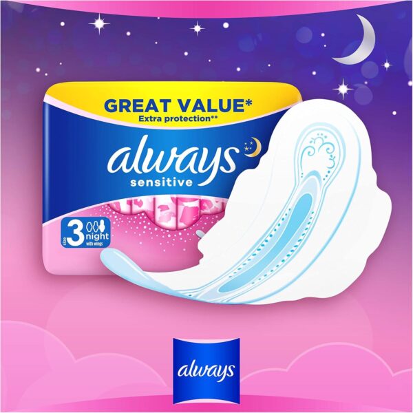 Always Sensitive Ultra Night Sanitary Towels with Wings, Size 3, 100 Towels (10 x 10 Packs) - Image 7