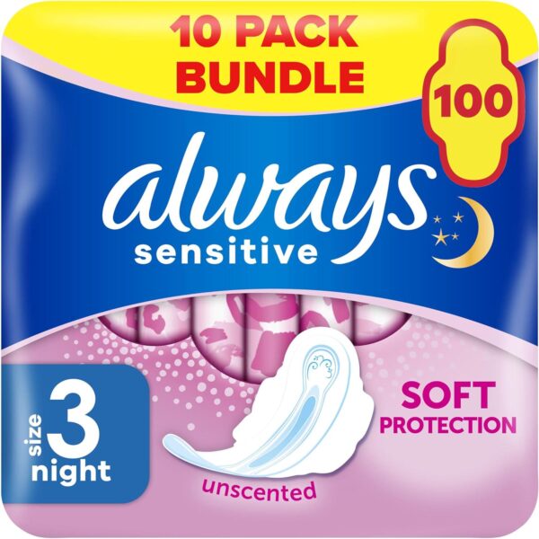 Always Sensitive Ultra Night Sanitary Towels with Wings, Size 3, 100 Towels (10 x 10 Packs)