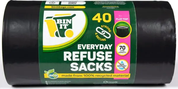 BIN IT 40 Everyday 70L Strong & Secure, Refuse Sacks, Bin Bags, Bin Liners, Flat Top, Recycled, Tear Resistant, 30 μm - Image 3