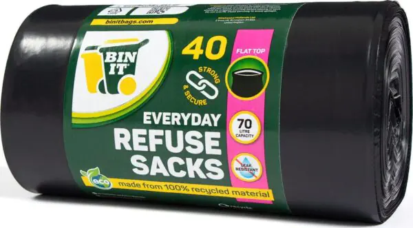 BIN IT 40 Everyday 70L Strong & Secure, Refuse Sacks, Bin Bags, Bin Liners, Flat Top, Recycled, Tear Resistant, 30 μm