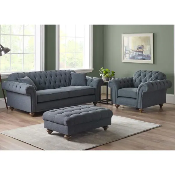 Bordeaux Button Back Blue Fabric 3 Seater Sofa - Image 6