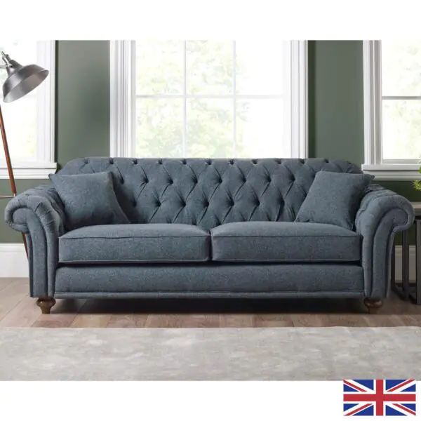 Bordeaux Button Back Blue Fabric 3 Seater Sofa