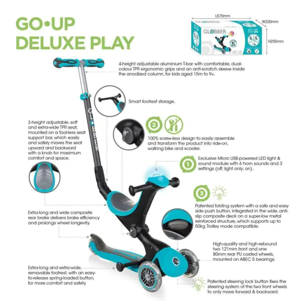 Globber Go Up Deluxe Play Teal (15+ Months) - Image 8