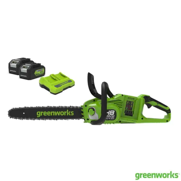 Greenworks 48V 36cm Cordless Brushless Chainsaw + 2 x 24V (4Ah) Battery and 2Ah Twin Charger Bundle