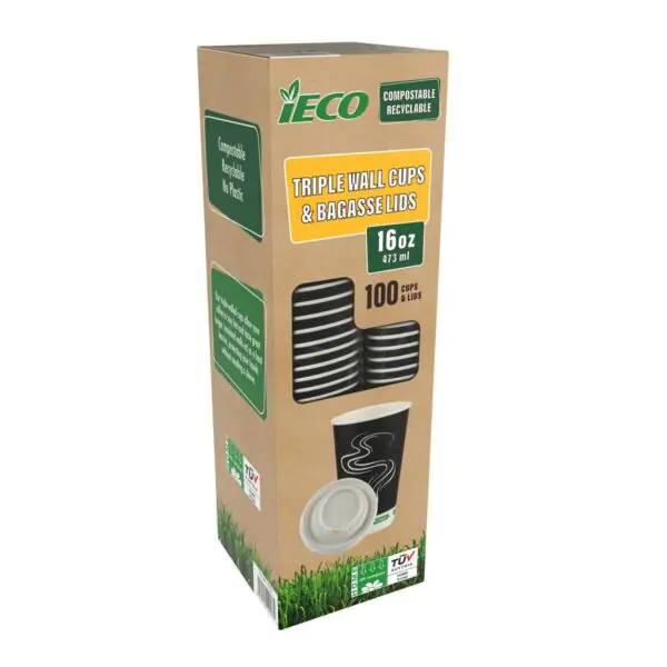 Ieco Recyclable Triple Wall Hot Cups and Lids, 16oz x 100 Pack