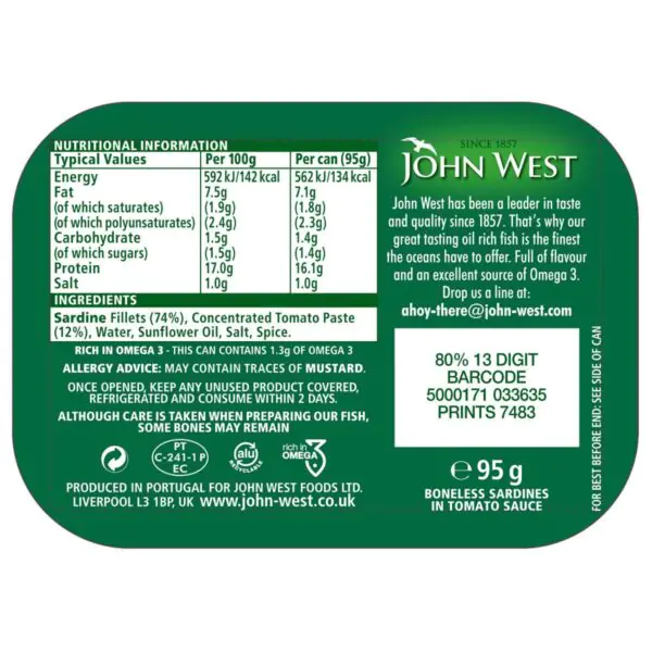 John West Boneless Sardines in Tomato Sauce, 12 x 95g - Image 5