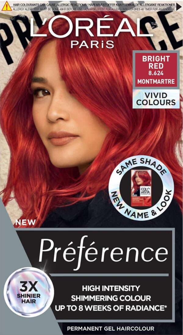 L'Oréal Paris Permanent Hair Colour, Long-Lasting Shine And Intense Colour, For Up To 8 Weeks, Preference Vivids (Colorista), Bright Red 8.624