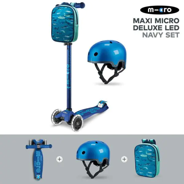 Micro Maxi Deluxe LED Navy Scooter with Blue Helmet and Sealife Lunch Bag (5+ Years) - Image 4