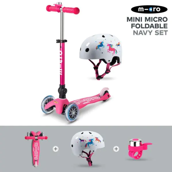 Micro Mini Foldable Pink Scooter with Unicorn Helmet and Pink Bell (2+ Years) - Image 2