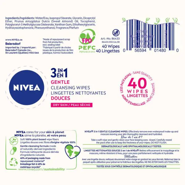 Nivea Biodegradable Face Wipes, 4 x 40 Wipes - Image 7