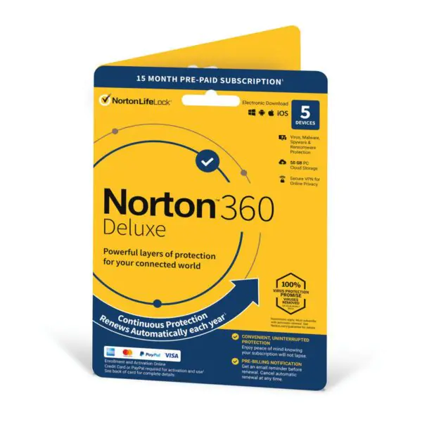 Norton 360 Deluxe, Antivirus Software for 5 Device and 1 Year + 3 Months Subscription with Automatic Renewal