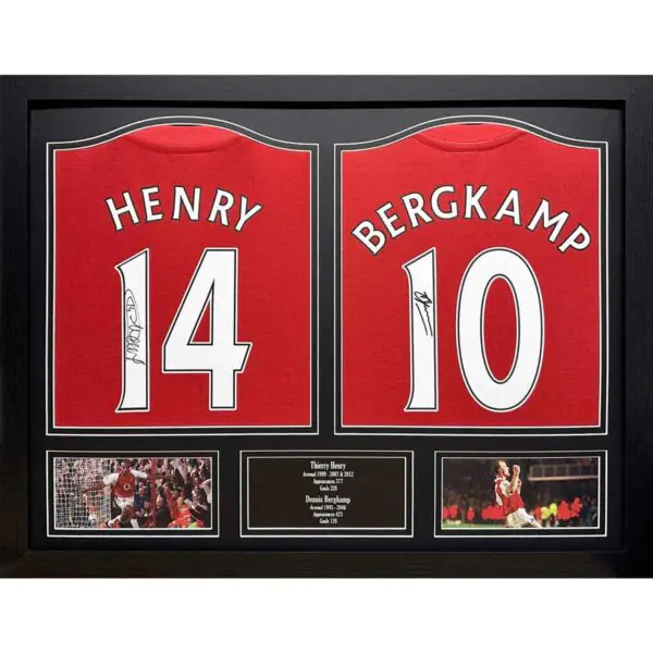 Thierry Henry and Dennis Bergkamp Signed Framed Arsenal Football Shirts