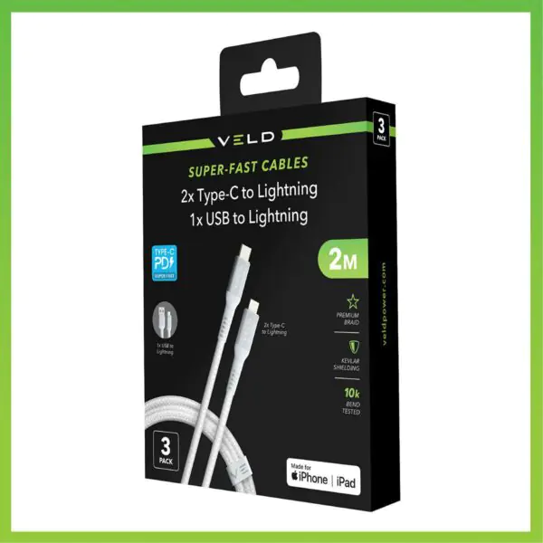 VELD Super-Fast 2m Lightning Cables - 3 Pack (1x USB-A to Lightning and 2x Type-C to Lightning) - Image 4