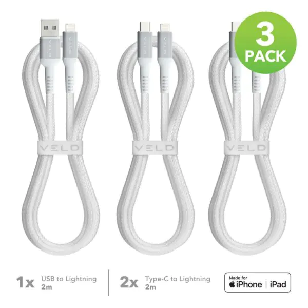 VELD Super-Fast 2m Lightning Cables - 3 Pack (1x USB-A to Lightning and 2x Type-C to Lightning)