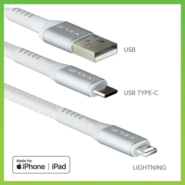 VELD Super-Fast 2m Lightning Cables - 3 Pack (1x USB-A to Lightning and 2x Type-C to Lightning) - Image 2