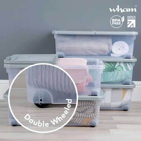 Wham 32 Litre Clear/Cool Grey Box with Wheels and Folding Lid - 5 Pack - Image 4