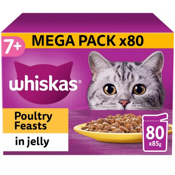 80 x 85g Whiskas 7+ Poultry Feasts Mixed Senior Wet Cat Food Pouches in Jelly