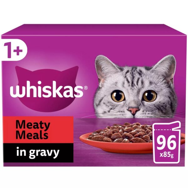 96 x 85g Whiskas 1+ Meaty Meals Mixed Adult Wet Cat Food Pouches in Gravy
