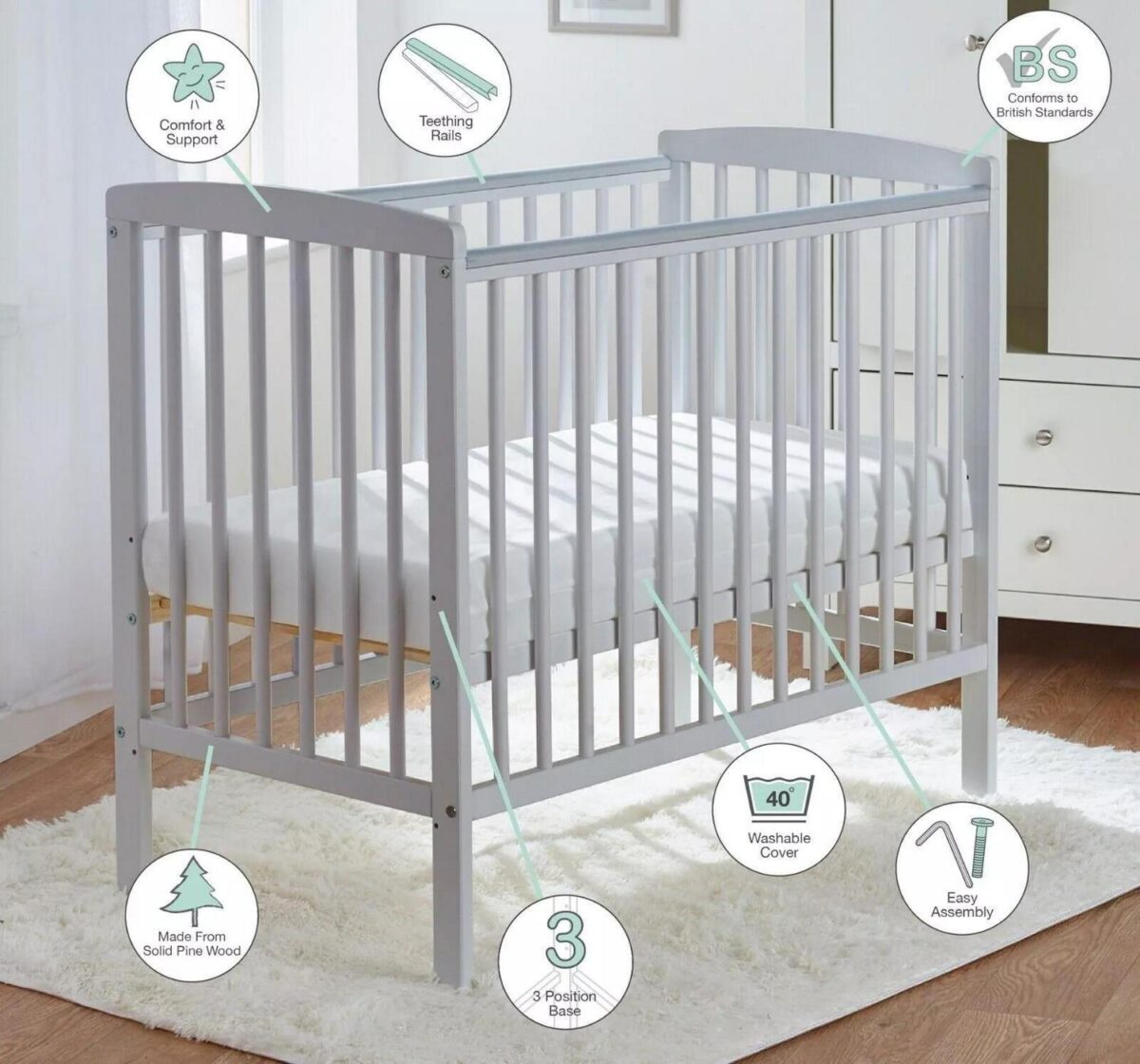 Baby Compact Cot Gre 3df09094df90c48167a859827420a459