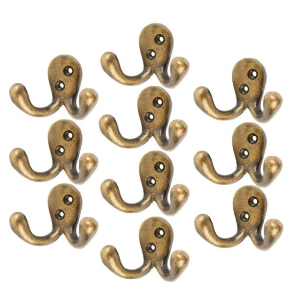 10x Double Coat Hook Cast Iron Antique Vintage Style Hooks W70mm x H50mm Brass