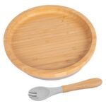 2pc Tiny Dining Grey Bamboo Round Baby Weaning Plate and Fork Set with Suction