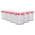 6x 90ml Glass Jam Jars with Red Gingham Lids Chutney Preserve Honey Storage